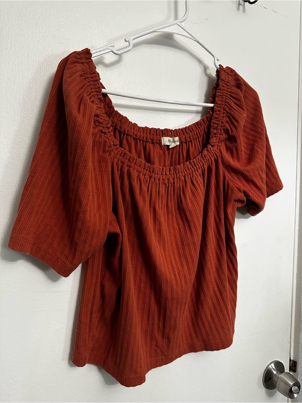 Madewell Rust Square-Neck Puff Sleeve Top